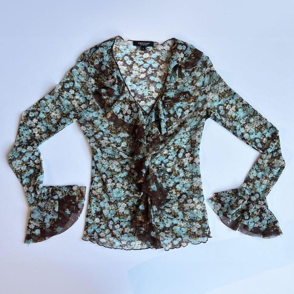 Y2K Karen Kane Sheer Mesh Floral Long Sleeve Top‎